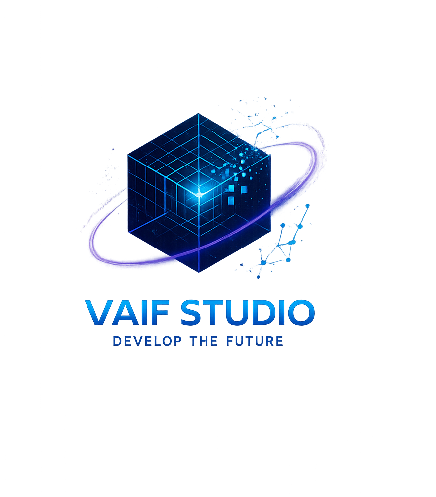 VAIF Studio — Develop the future. A luminous blue cube wrapped in a purple orbit.